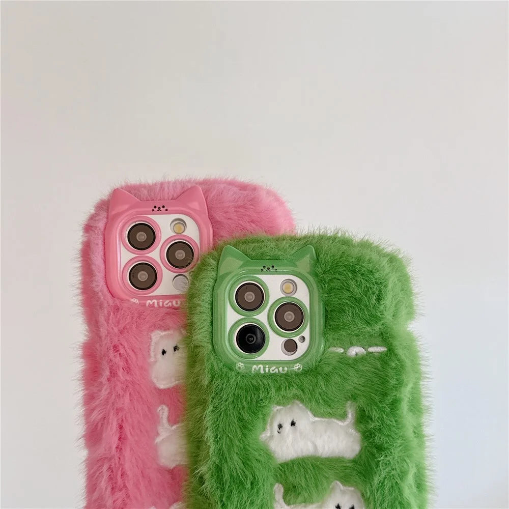For iPhone 16 Pro Case Embroidered White Cats Fuzzy Winter TPU Phone Cover - Pink - 7