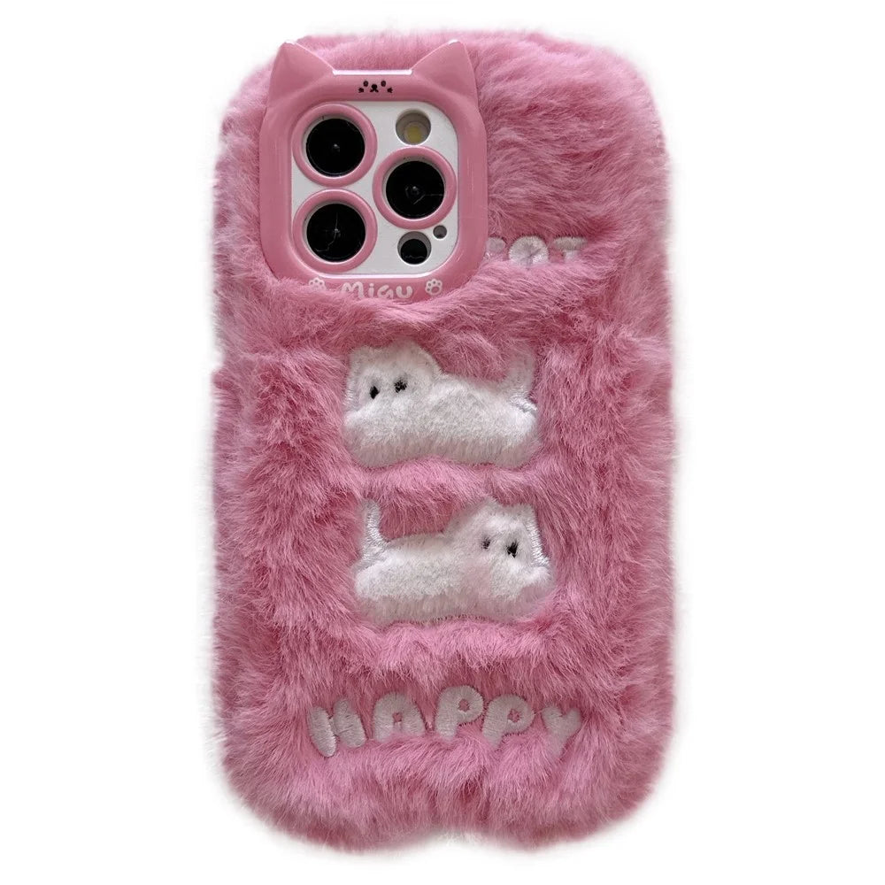 For iPhone 16 Pro Max Case Embroidered White Cats Fuzzy Winter TPU Phone Cover - Pink - 1