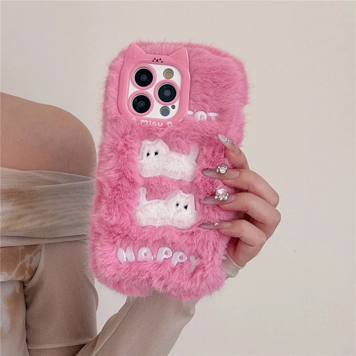 For iPhone 16 Pro Max Case Embroidered White Cats Fuzzy Winter TPU Phone Cover - Pink - 2