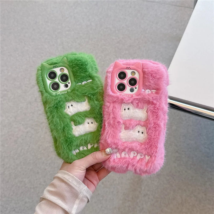 For iPhone 16 Pro Max Case Embroidered White Cats Fuzzy Winter TPU Phone Cover - Pink - 5