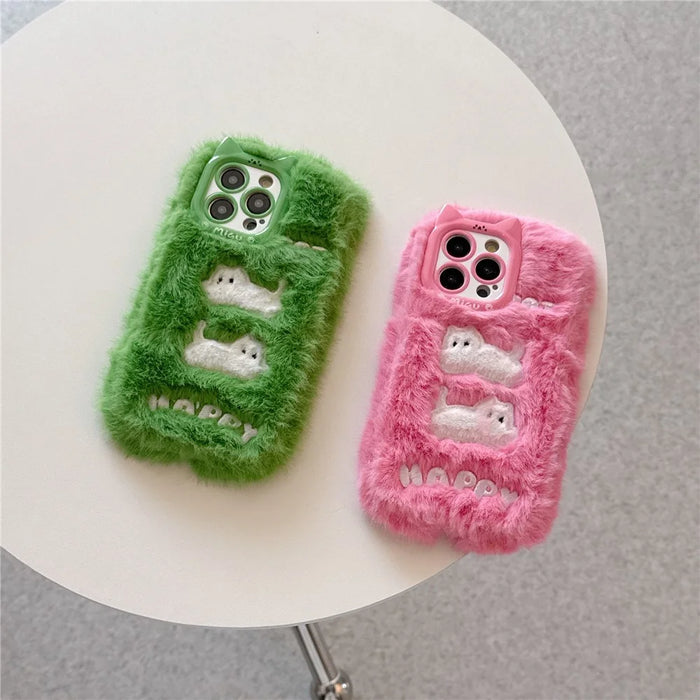 For iPhone 16 Pro Max Case Embroidered White Cats Fuzzy Winter TPU Phone Cover - Pink - 6