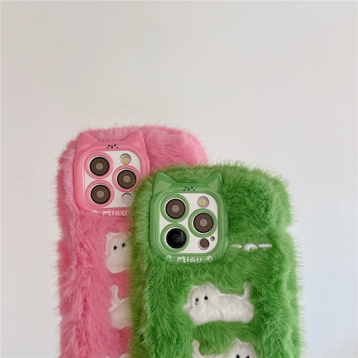 For iPhone 16 Pro Max Case Embroidered White Cats Fuzzy Winter TPU Phone Cover - Pink - 7