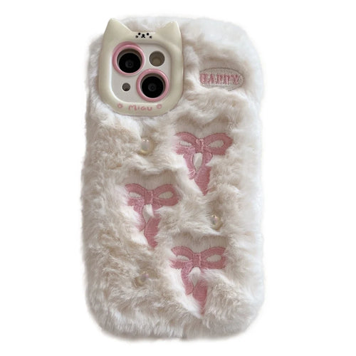 For iPhone 15 Case 3D Bow Design Pearl Accents Fuzzy Winter TPU Phone Cover - White - 1