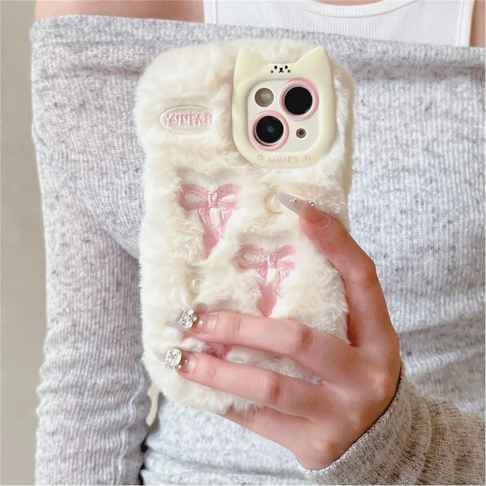 For iPhone 15 Case 3D Bow Design Pearl Accents Fuzzy Winter TPU Phone Cover - White - 2