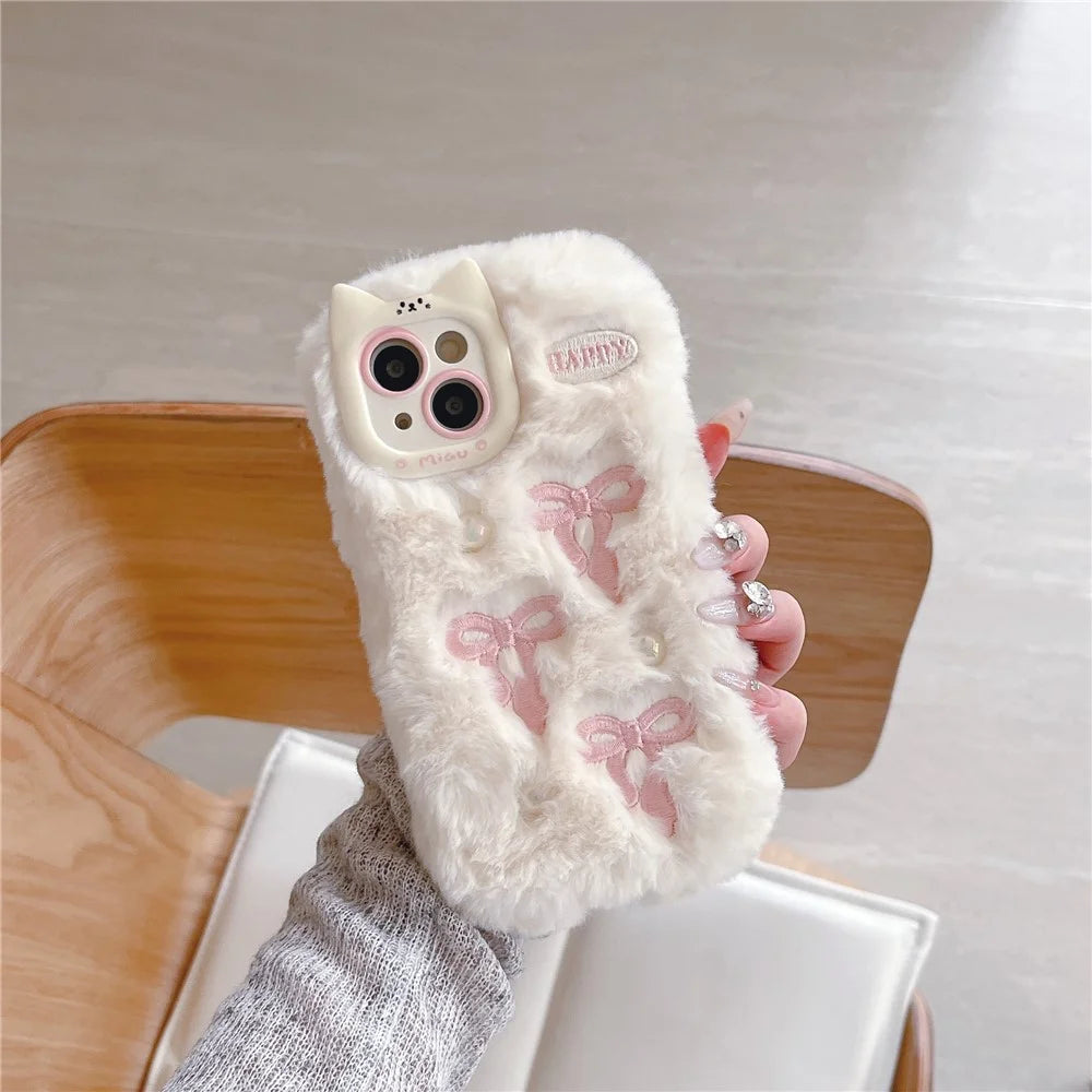 For iPhone 15 Case 3D Bow Design Pearl Accents Fuzzy Winter TPU Phone Cover - White - 3