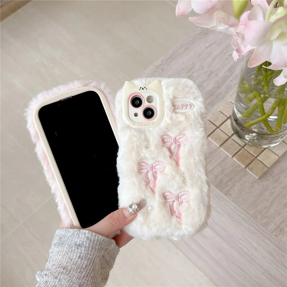 For iPhone 15 Case 3D Bow Design Pearl Accents Fuzzy Winter TPU Phone Cover - White - 4