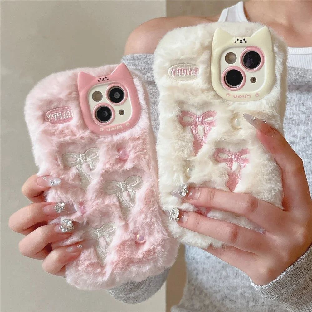 For iPhone 15 Case 3D Bow Design Pearl Accents Fuzzy Winter TPU Phone Cover - White - 5