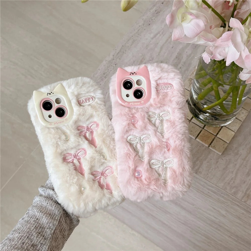 For iPhone 15 Case 3D Bow Design Pearl Accents Fuzzy Winter TPU Phone Cover - White - 6