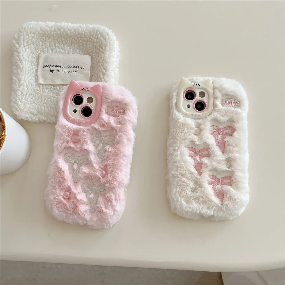 For iPhone 15 Case 3D Bow Design Pearl Accents Fuzzy Winter TPU Phone Cover - White - 7