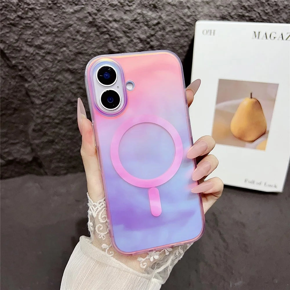For iPhone 16 Case Compatible with MagSafe Ink Painting IMD PC+TPU Phone Cover - Pink - 2
