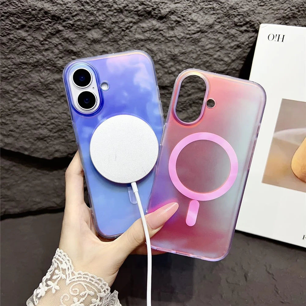 For iPhone 16 Case Compatible with MagSafe Ink Painting IMD PC+TPU Phone Cover - Pink - 3
