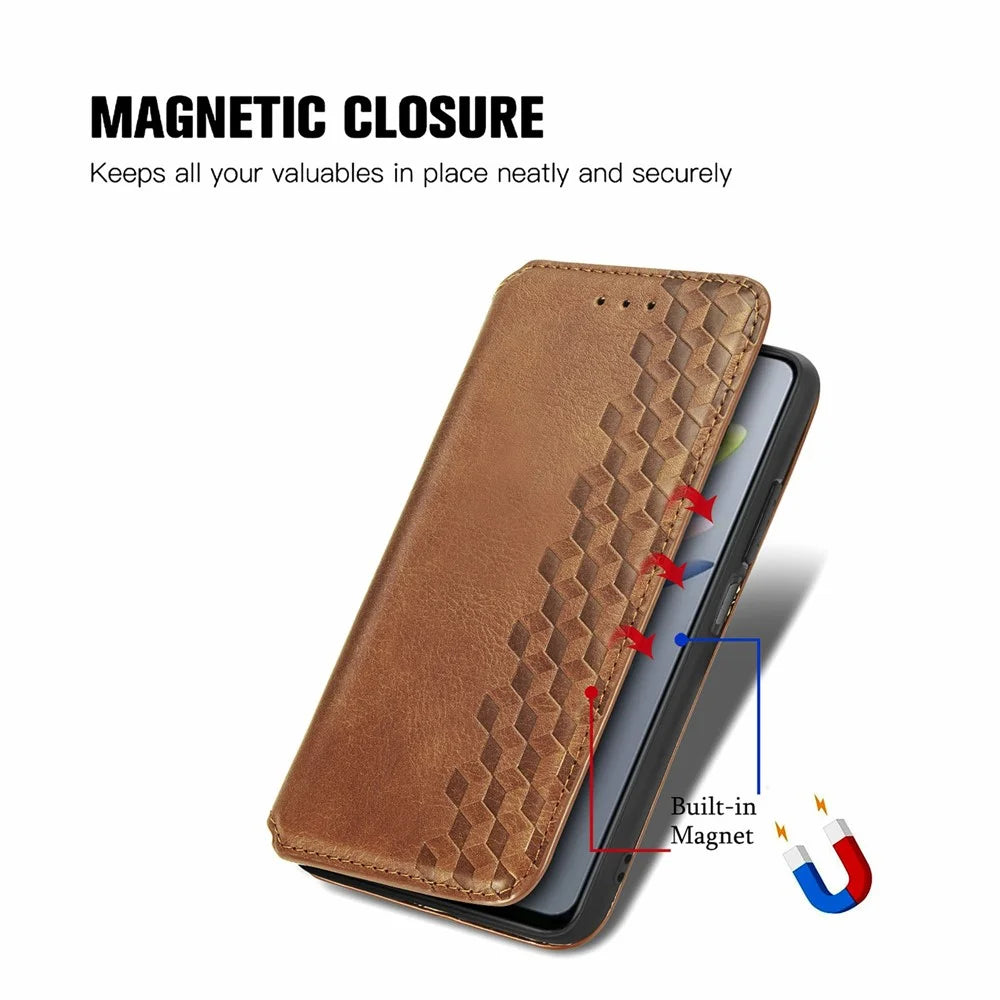 For ZTE Blade A75 4G PU Leather Case Rhombus Imprint Wallet Stand Phone Cover - Brown - 5