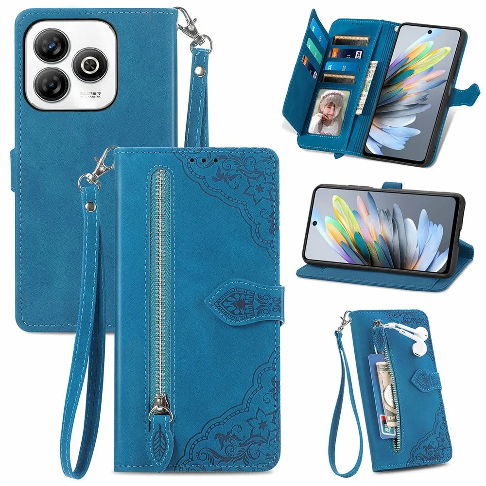 For ZTE Blade A75 4G Zipper Wallet Case with Strap Flower Imprint PU Leather Phone Cover - Blue - 1