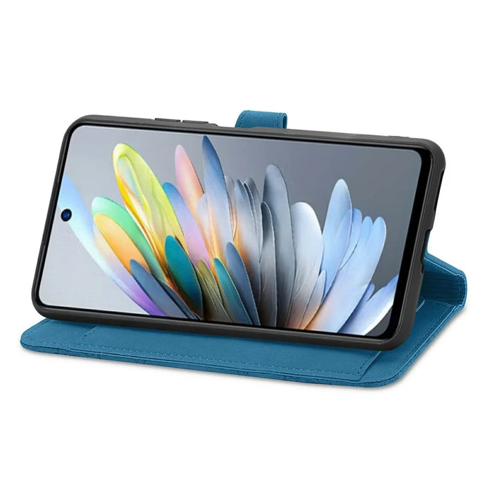 For ZTE Blade A75 4G Zipper Wallet Case with Strap Flower Imprint PU Leather Phone Cover - Blue - 3