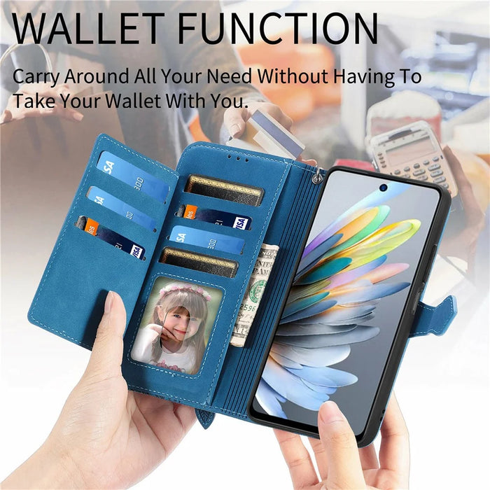 For ZTE Blade A75 4G Zipper Wallet Case with Strap Flower Imprint PU Leather Phone Cover - Blue - 5