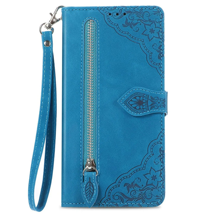 For ZTE Blade A75 4G Zipper Wallet Case with Strap Flower Imprint PU Leather Phone Cover - Blue - 6