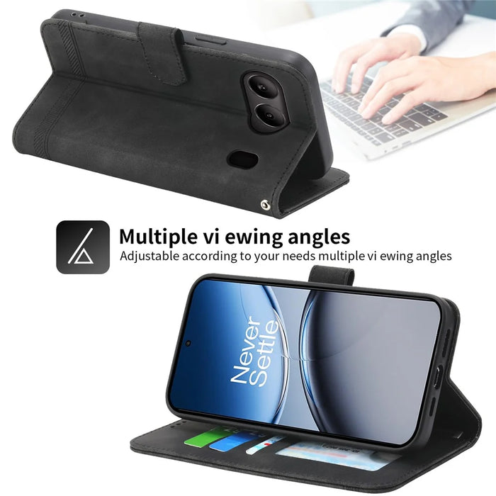 DIERFENG DF-03 For OnePlus Nord 4 Leather Case Lines Imprint Wallet Phone Cover - Black - 4