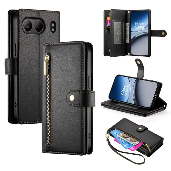 DF-011 For OnePlus Nord 4 Case Zipper Pocket Wallet Leather Phone Cover with Straps - Black - 1