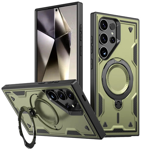 For Samsung Galaxy S24 Ultra Magnetic Case Military Protection PC+TPU Kickstand Phone Cover - Olive Green - 1