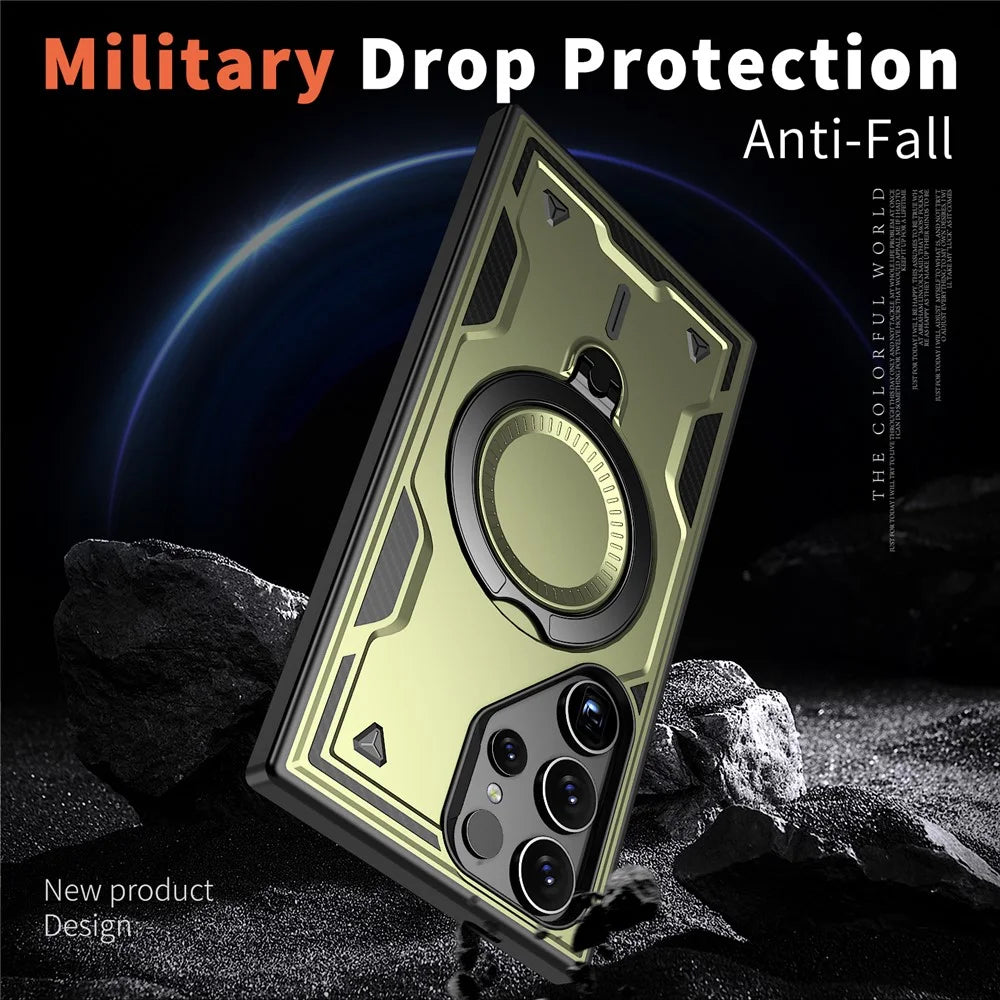 For Samsung Galaxy S24 Ultra Magnetic Case Military Protection PC+TPU Kickstand Phone Cover - Olive Green - 3