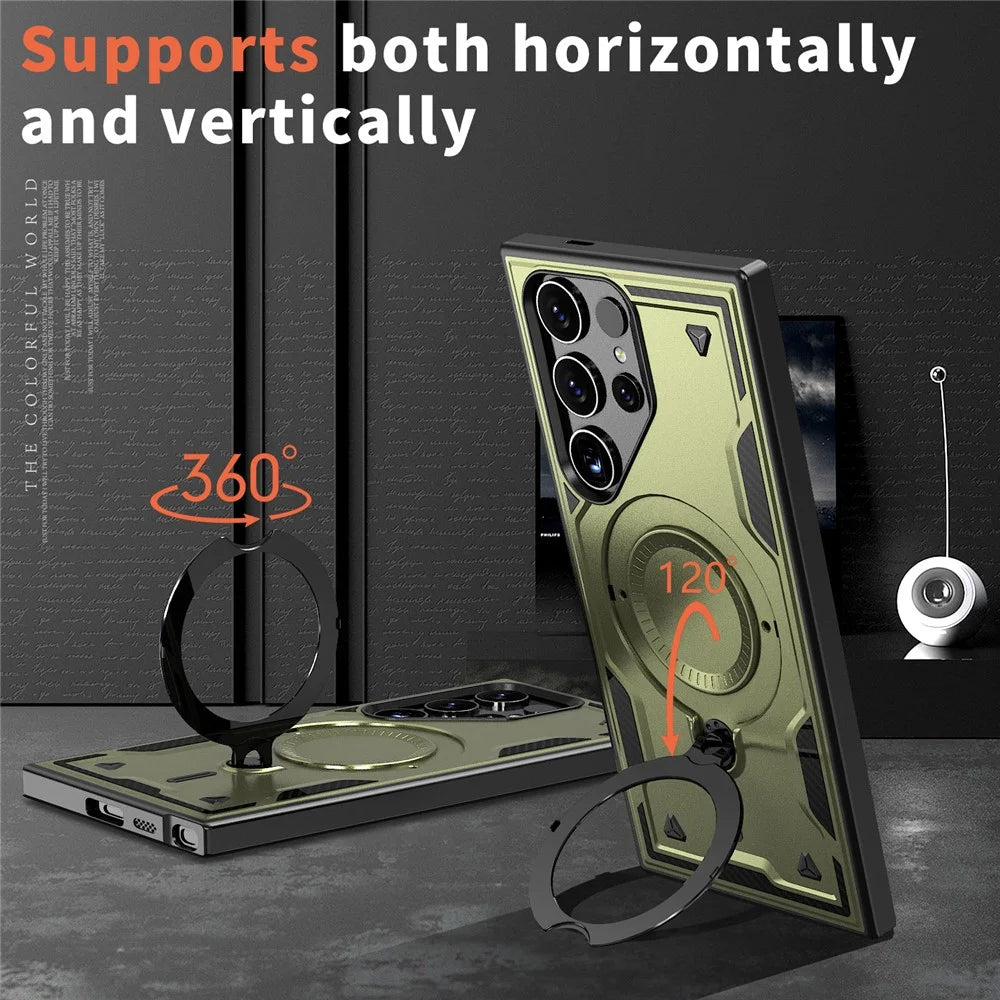 For Samsung Galaxy S24 Ultra Magnetic Case Military Protection PC+TPU Kickstand Phone Cover - Olive Green - 6
