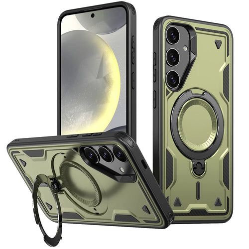 For Samsung Galaxy S24 FE Magnetic Case Military Protection PC+TPU Kickstand Phone Cover - Olive Green - 1