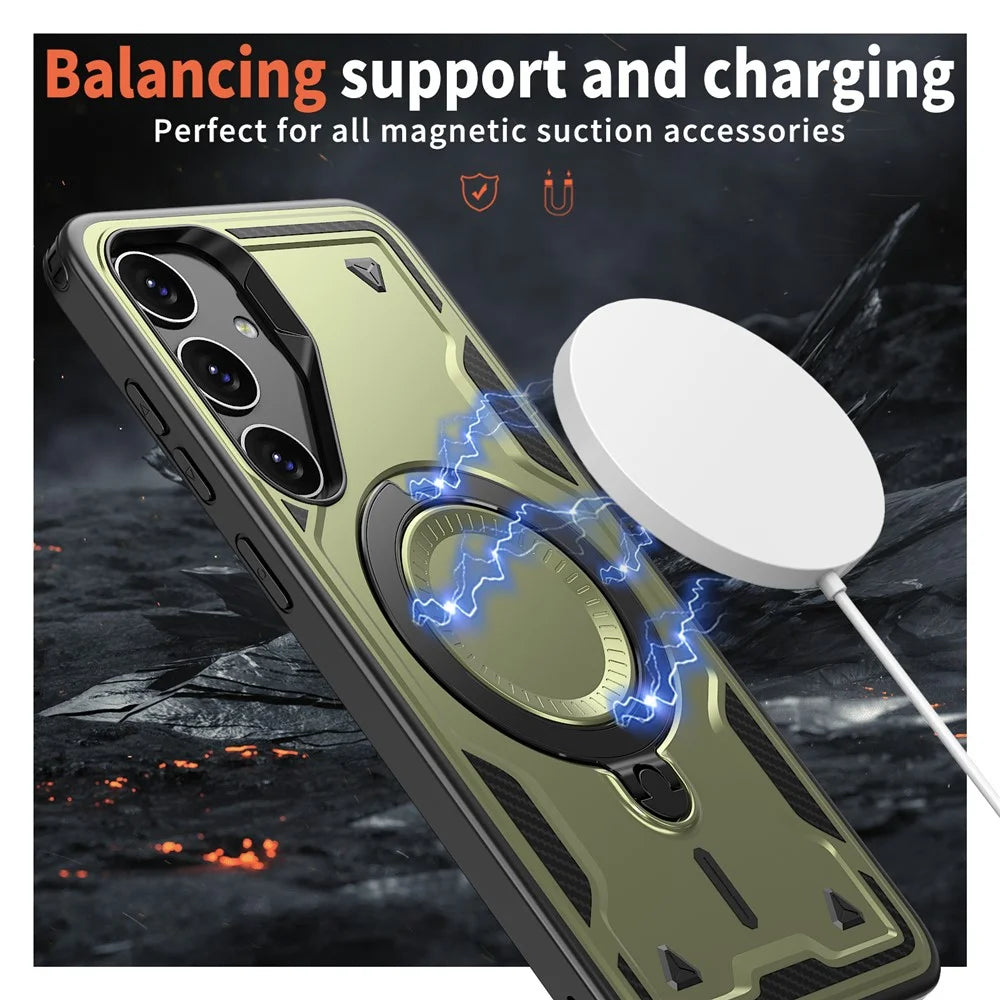 For Samsung Galaxy S24 FE Magnetic Case Military Protection PC+TPU Kickstand Phone Cover - Olive Green - 2