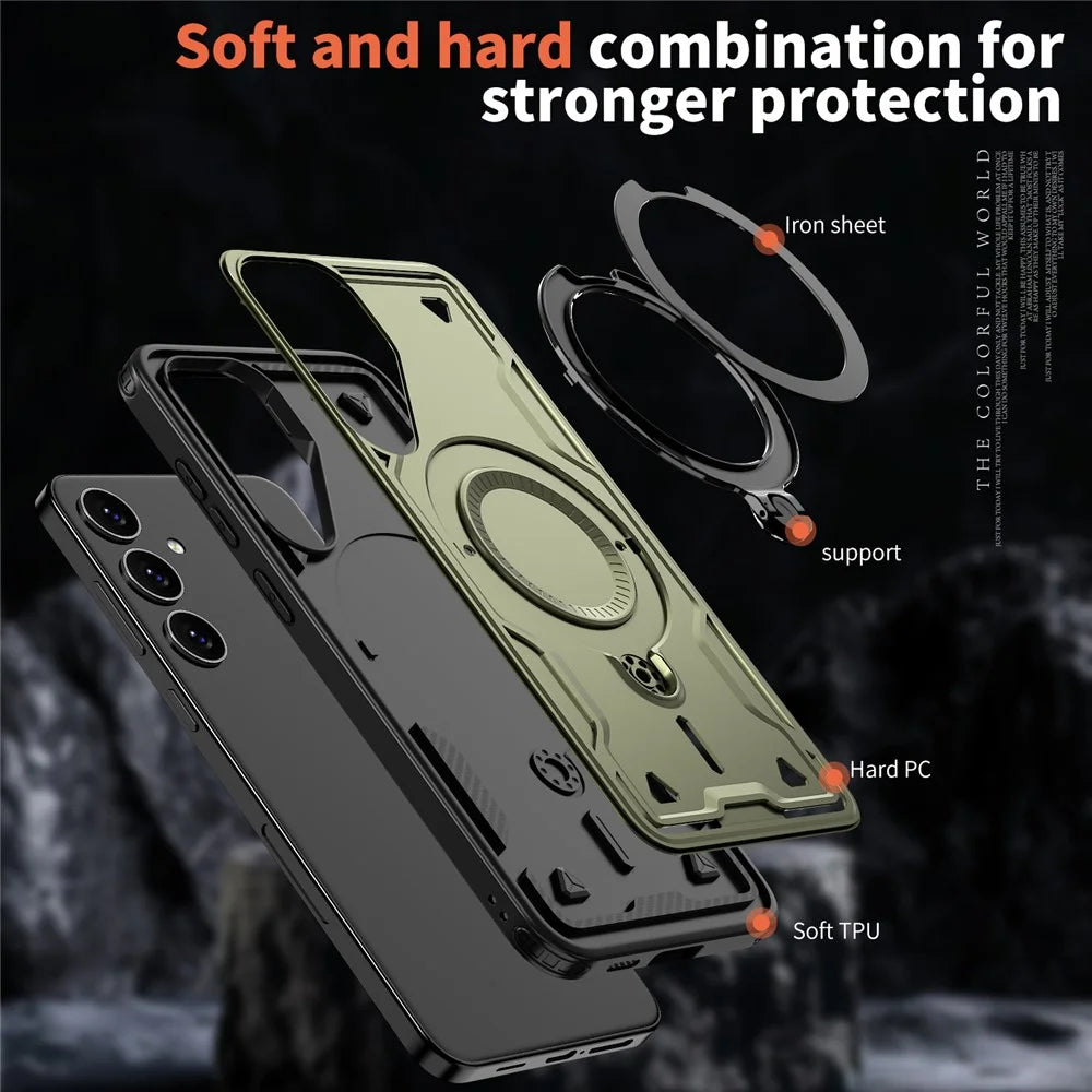 For Samsung Galaxy S24 FE Magnetic Case Military Protection PC+TPU Kickstand Phone Cover - Olive Green - 4