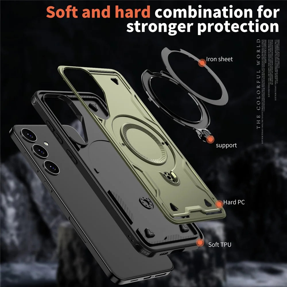 For Samsung Galaxy S25 / S24 Magnetic Case Military Protection PC+TPU Kickstand Phone Cover - Olive Green - 4