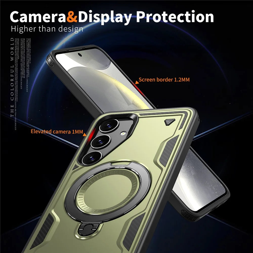 For Samsung Galaxy S25 / S24 Magnetic Case Military Protection PC+TPU Kickstand Phone Cover - Olive Green - 5