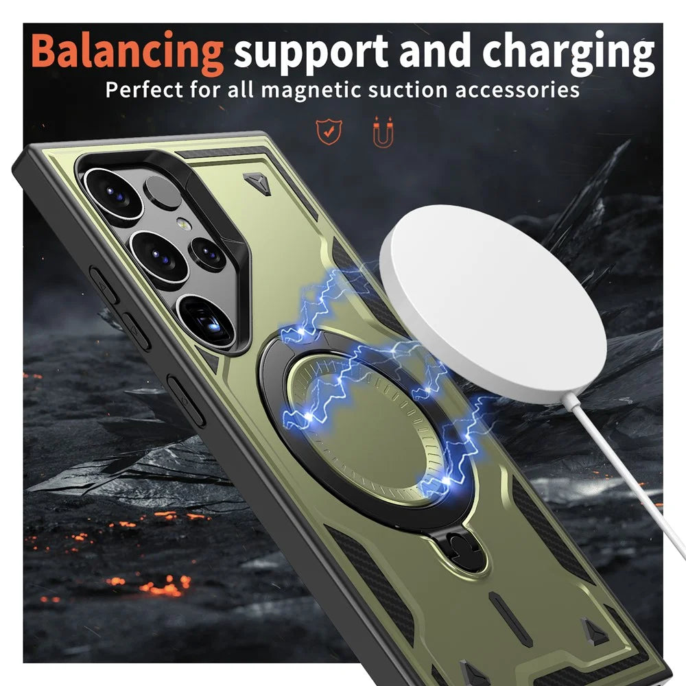 For Samsung Galaxy S23 Ultra / S22 Ultra 5G Magnetic Case Military Protection PC+TPU Kickstand Phone Cover - Olive Green - 2