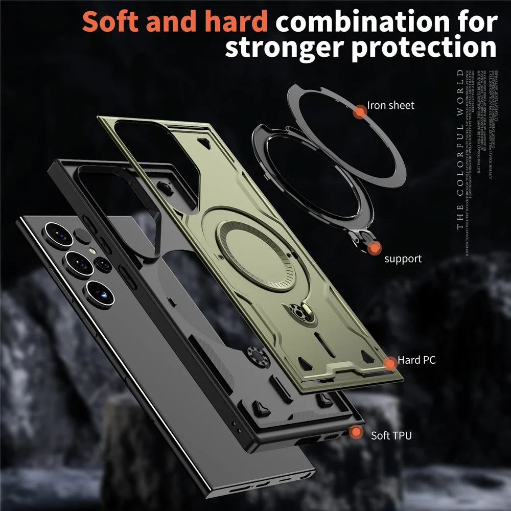 For Samsung Galaxy S23 Ultra / S22 Ultra 5G Magnetic Case Military Protection PC+TPU Kickstand Phone Cover - Olive Green - 4
