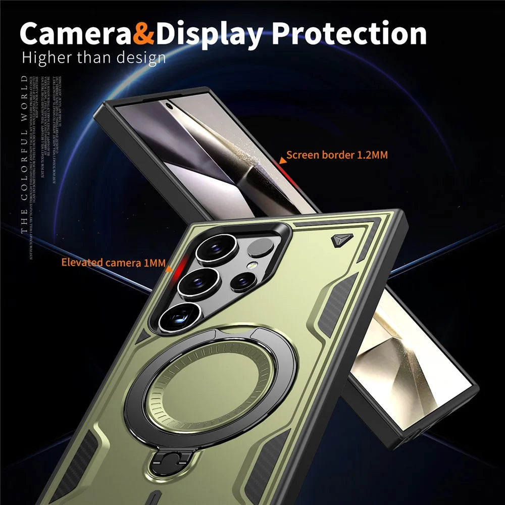 For Samsung Galaxy S23 Ultra / S22 Ultra 5G Magnetic Case Military Protection PC+TPU Kickstand Phone Cover - Olive Green - 5