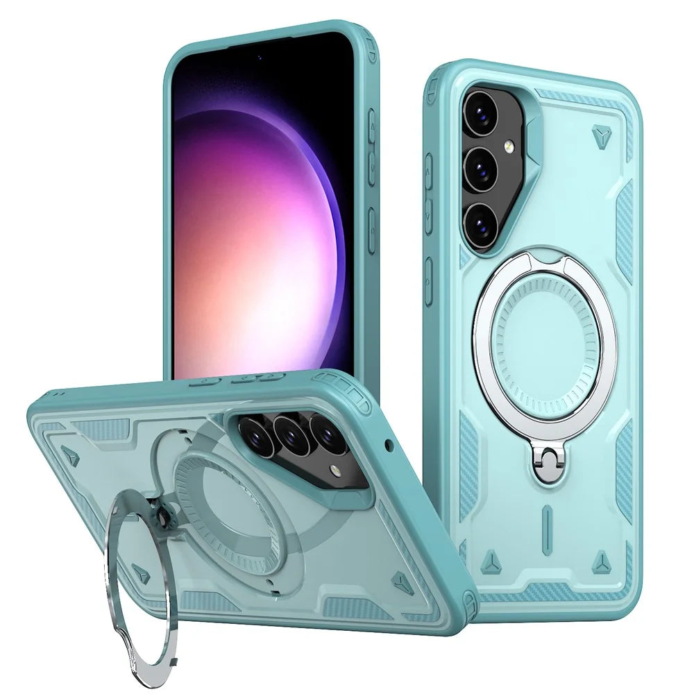 For Samsung Galaxy S23 FE Magnetic Case Military Protection PC+TPU Kickstand Phone Cover - Baby Blue - 1