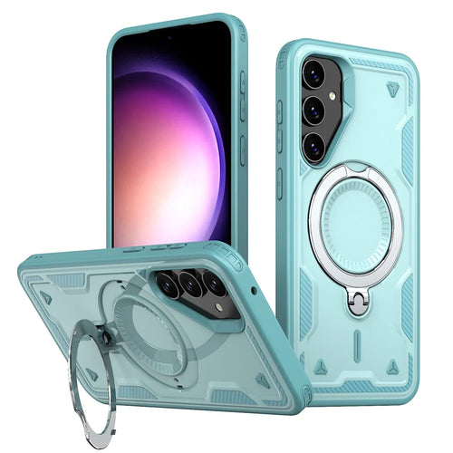 For Samsung Galaxy S23 FE Magnetic Case Military Protection PC+TPU Kickstand Phone Cover - Baby Blue - 1