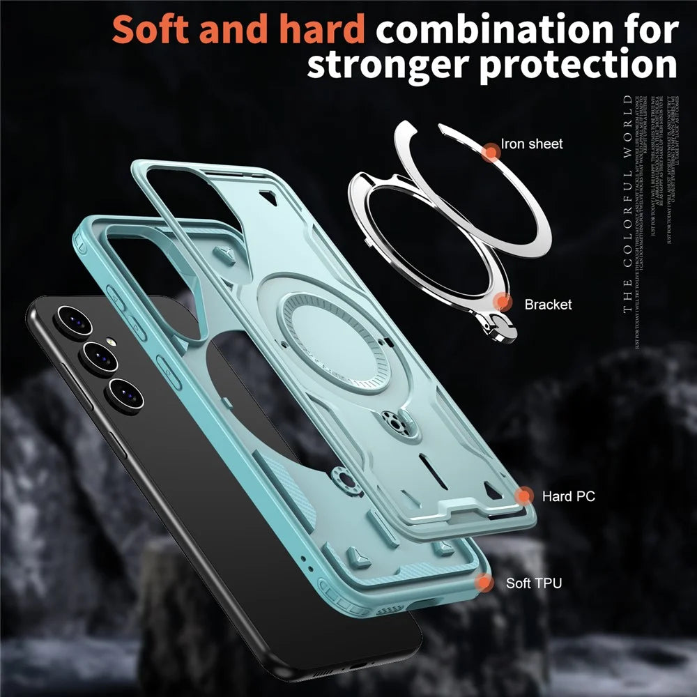For Samsung Galaxy S23 FE Magnetic Case Military Protection PC+TPU Kickstand Phone Cover - Baby Blue - 4