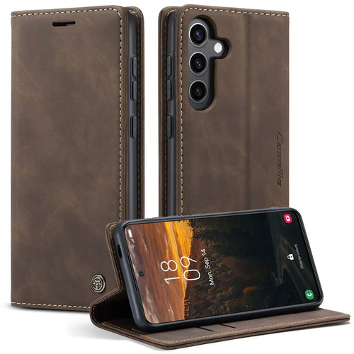 CASEME For Samsung Galaxy S24 FE Case  013 Series Card Holder Stand Leather Phone Cover - Coffee - 1