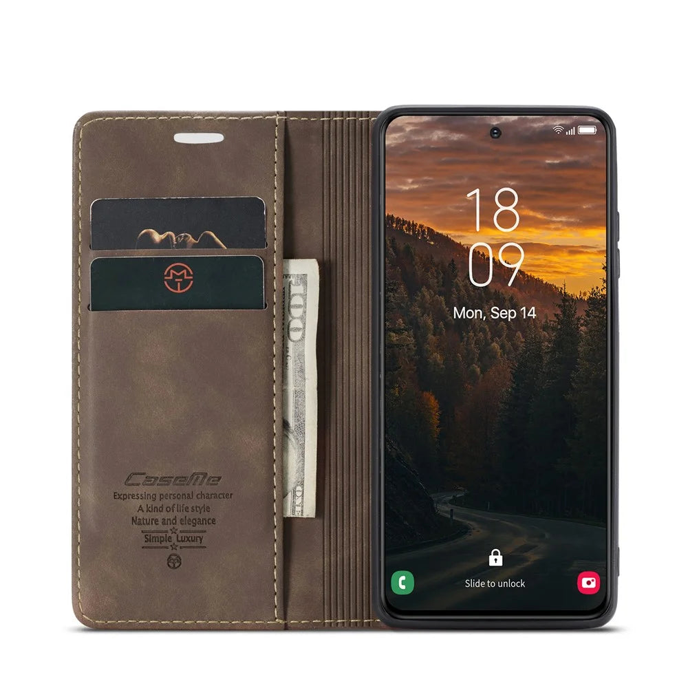 CASEME For Samsung Galaxy S24 FE Case  013 Series Card Holder Stand Leather Phone Cover - Coffee - 3