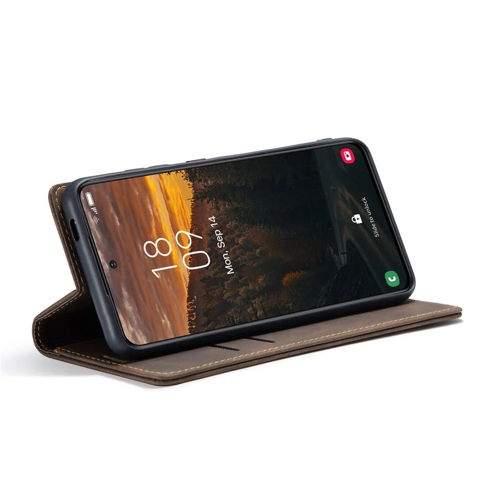 CASEME For Samsung Galaxy S24 FE Case  013 Series Card Holder Stand Leather Phone Cover - Coffee - 4