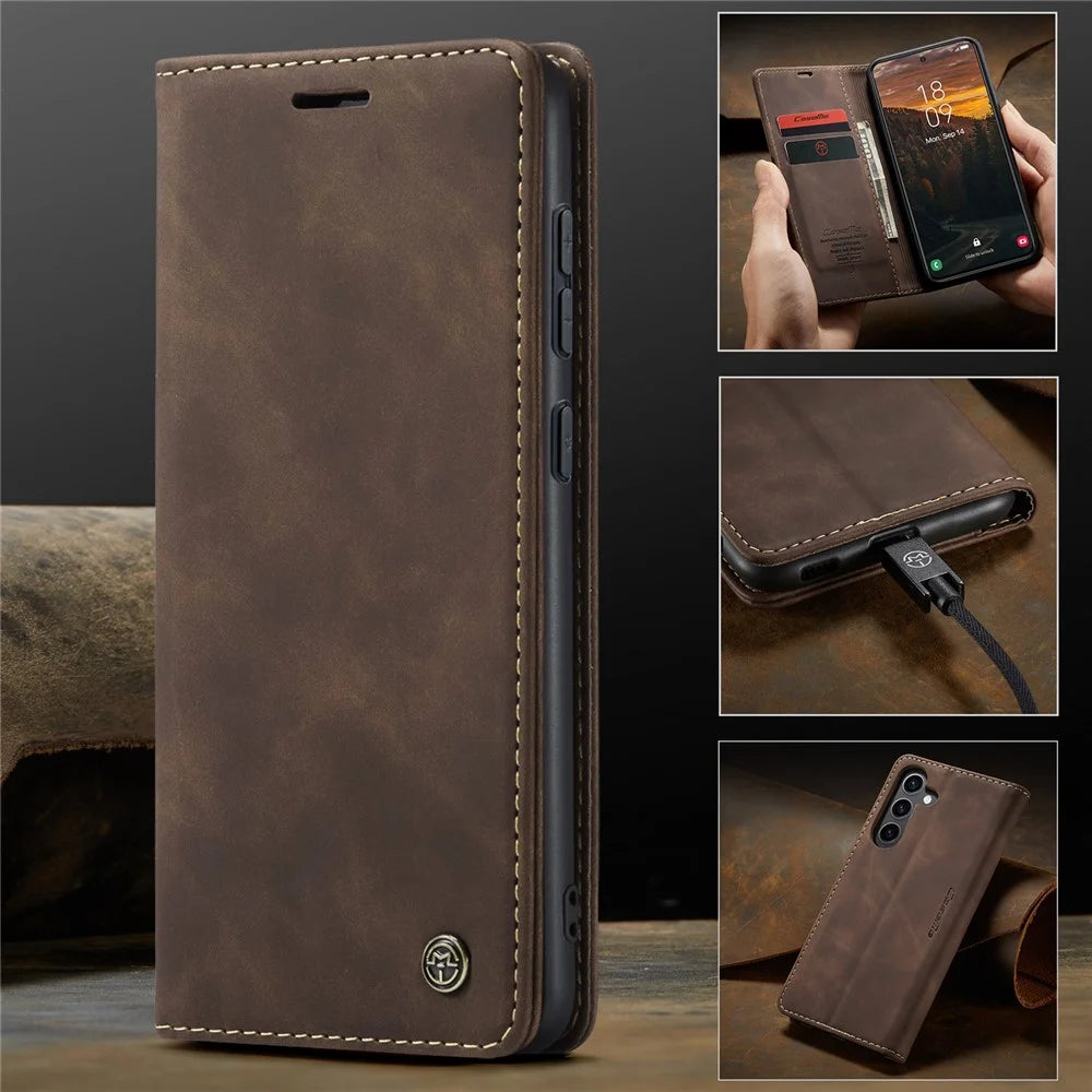CASEME For Samsung Galaxy S24 FE Case  013 Series Card Holder Stand Leather Phone Cover - Coffee - 5