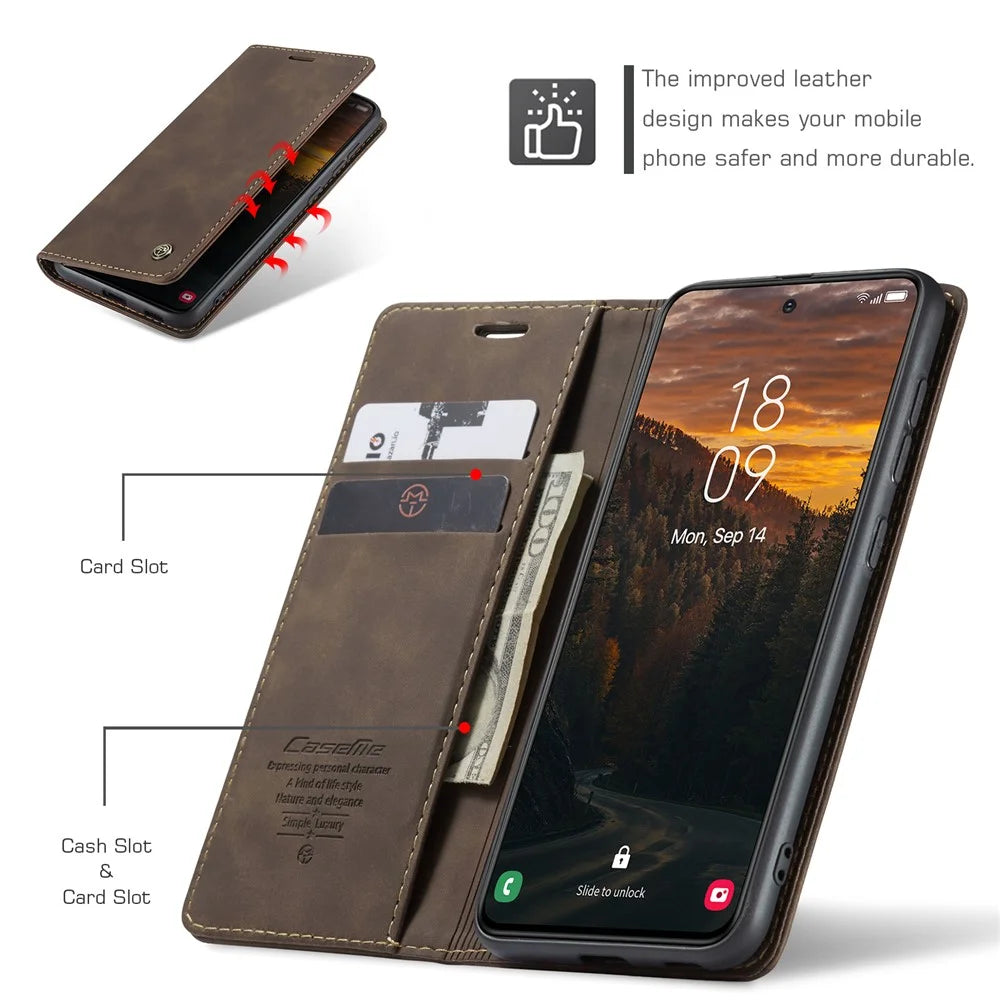 CASEME For Samsung Galaxy S24 FE Case  013 Series Card Holder Stand Leather Phone Cover - Coffee - 6