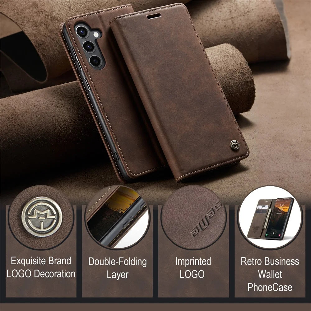 CASEME For Samsung Galaxy S24 FE Case  013 Series Card Holder Stand Leather Phone Cover - Coffee - 7