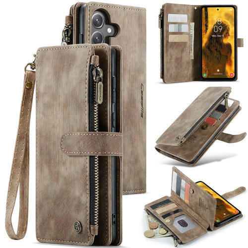 CASEME For Samsung Galaxy S24 FE Phone Cases with Strap  C30 Zipper Multiple Card Holder PU Leather Cover - Brown - 1