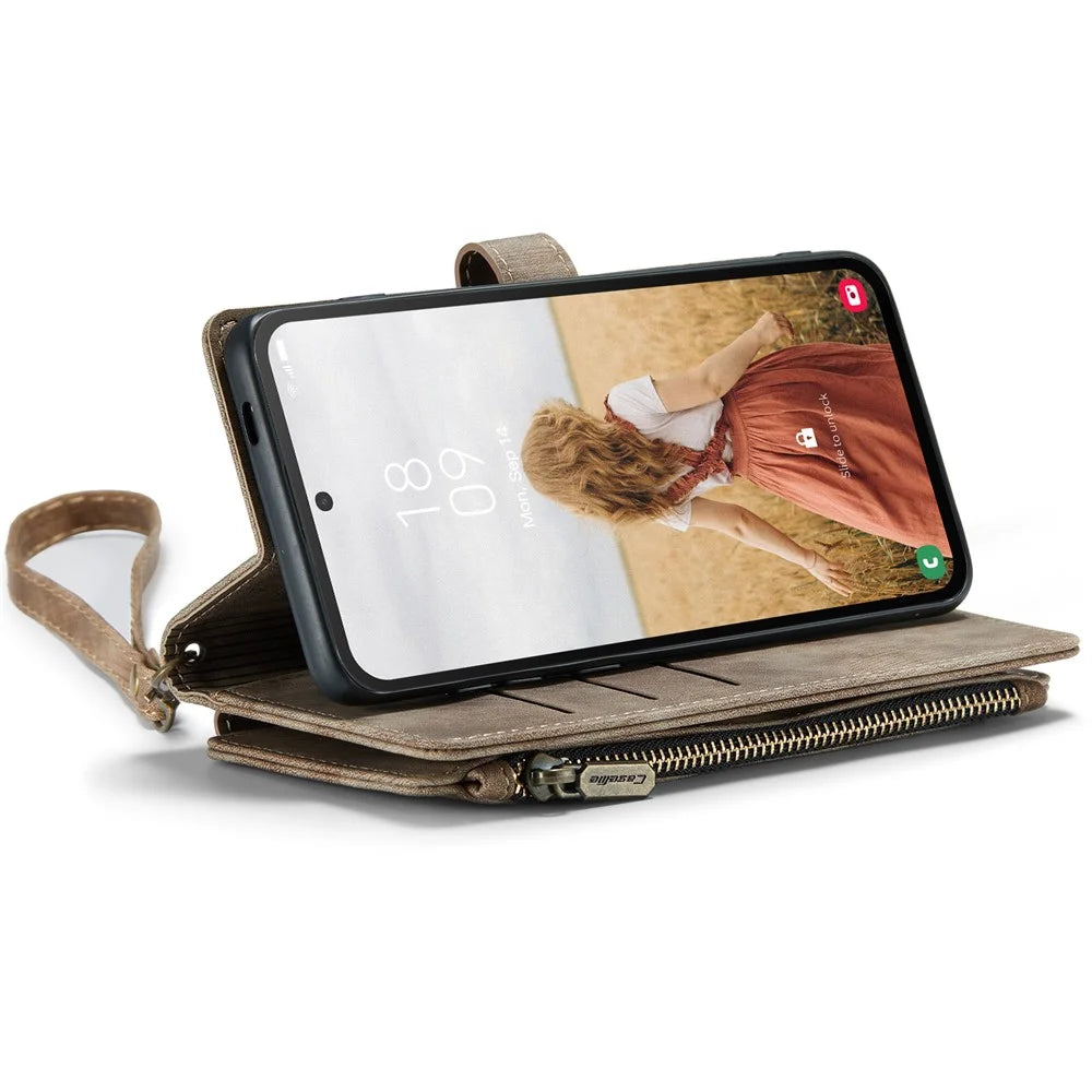 CASEME For Samsung Galaxy S24 FE Phone Cases with Strap  C30 Zipper Multiple Card Holder PU Leather Cover - Brown - 4