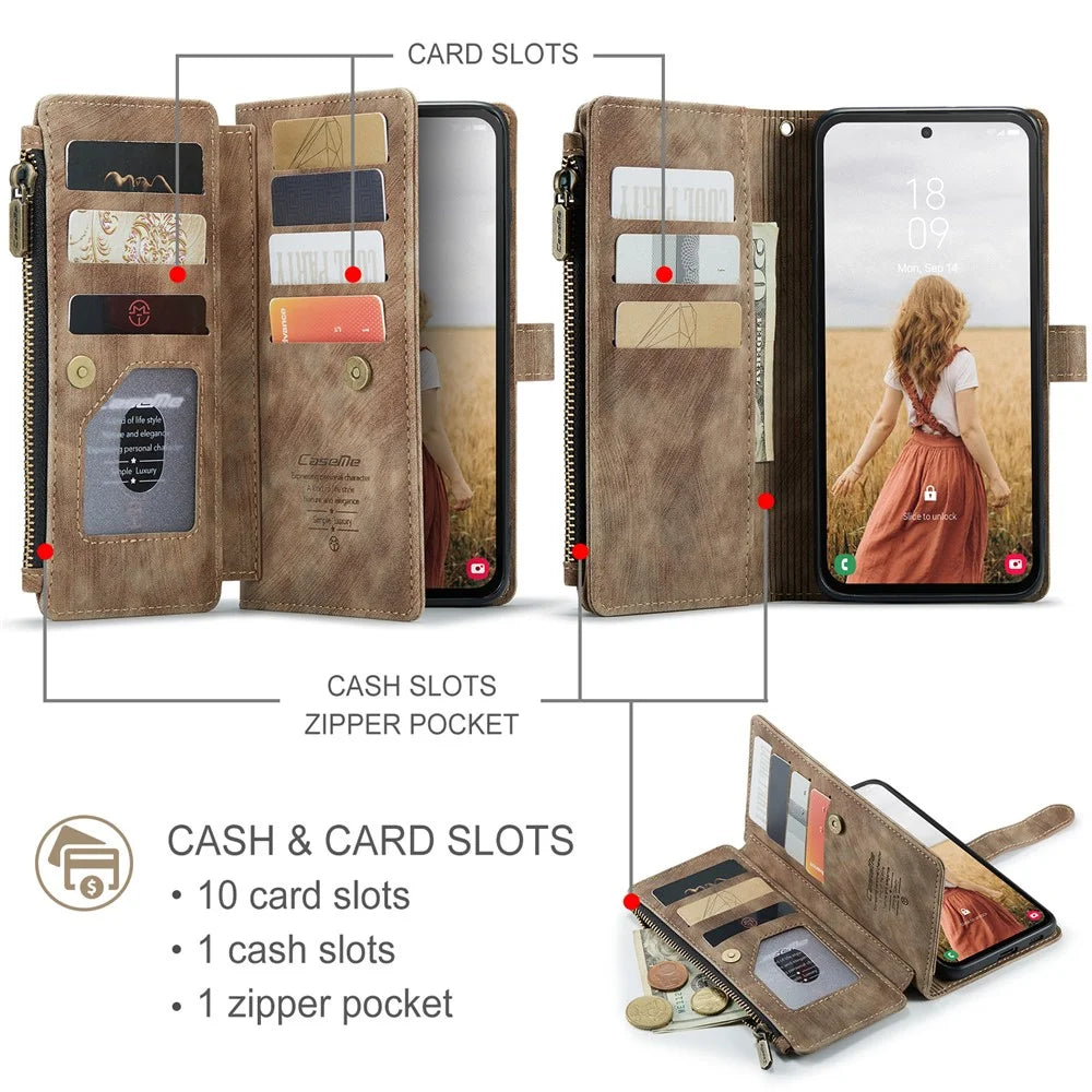 CASEME For Samsung Galaxy S24 FE Phone Cases with Strap  C30 Zipper Multiple Card Holder PU Leather Cover - Brown - 5