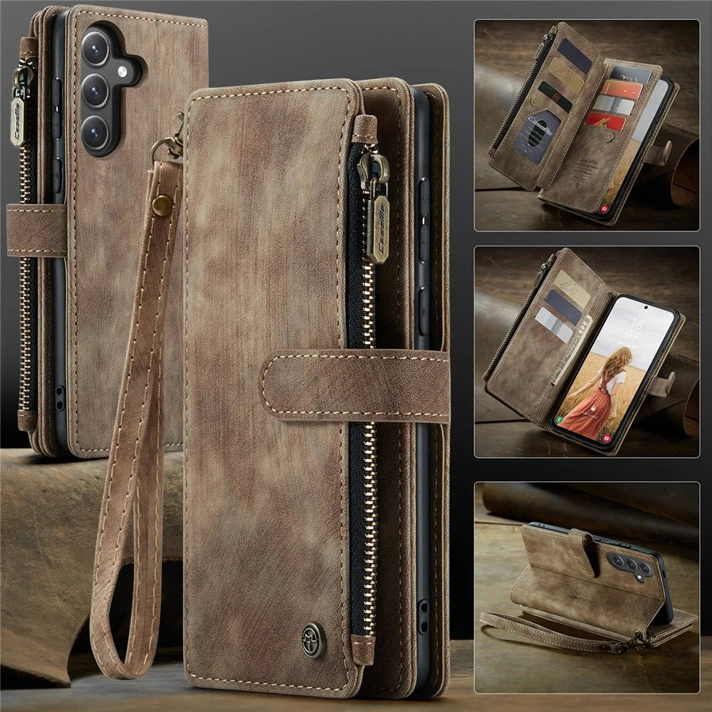 CASEME For Samsung Galaxy S24 FE Phone Cases with Strap  C30 Zipper Multiple Card Holder PU Leather Cover - Brown - 6