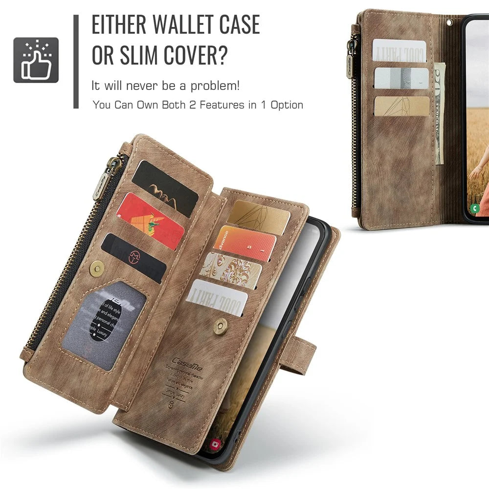 CASEME For Samsung Galaxy S24 FE Phone Cases with Strap  C30 Zipper Multiple Card Holder PU Leather Cover - Brown - 7