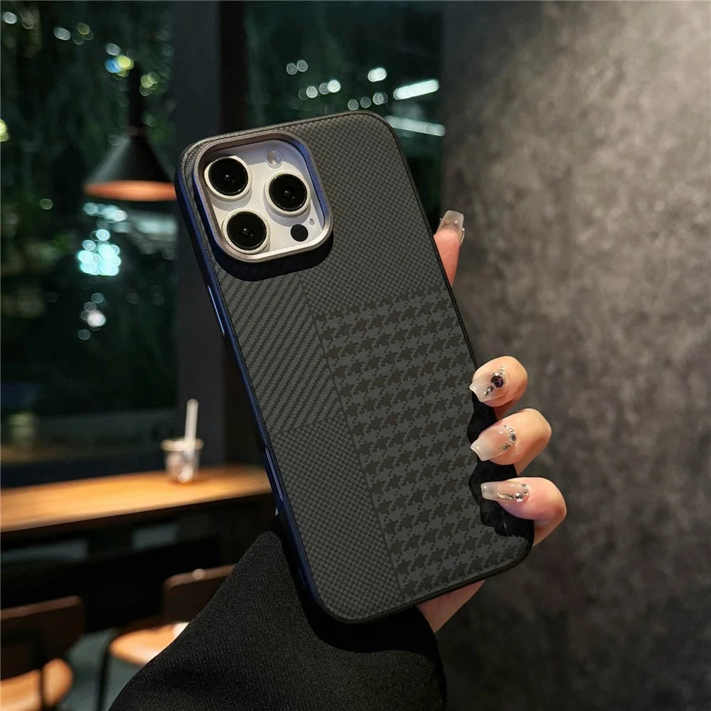 For iPhone 16 Pro Case Carbon Fiber Texture Leather+TPU+PC Skin-Touch Phone Cover - Black / Checkered - 1