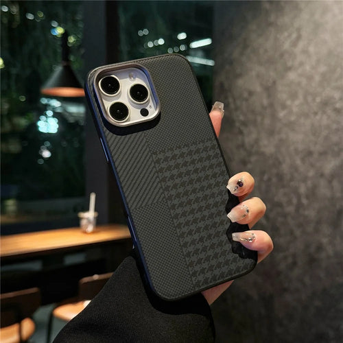 For iPhone 16 Pro Case Carbon Fiber Texture Leather+TPU+PC Skin-Touch Phone Cover - Black / Checkered - 1