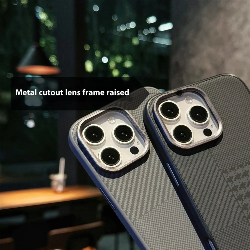 For iPhone 16 Pro Case Carbon Fiber Texture Leather+TPU+PC Skin-Touch Phone Cover - Black / Checkered - 4